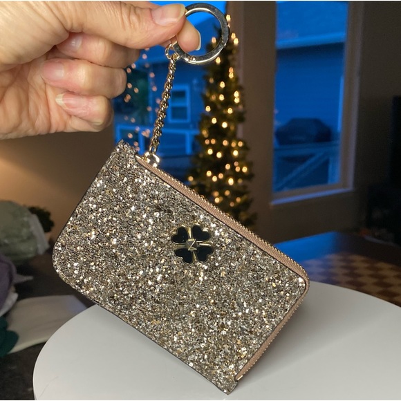 NEW! KATE SPADE Odette Wallet Gold Glitter Black Patent Leather L-Zip Keychain - Picture 11 of 13